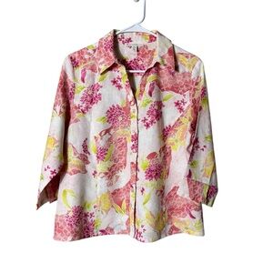 Womens‎ Linen Button Up Top Blouse Size 14P Beachy Coastal Lagom Floral Artsy